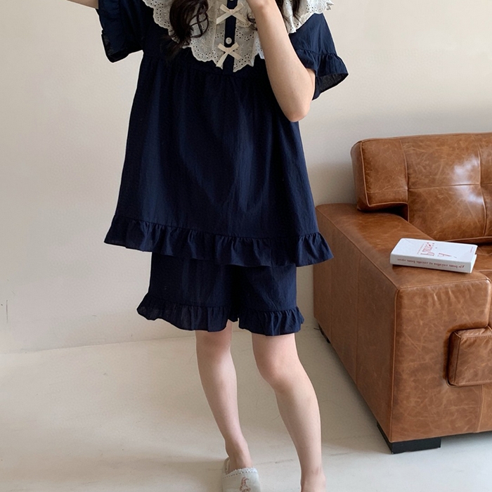 91家纺网 家纺一手货源 找家纺 （总）妍景家居生活馆 2025新款25655-蕾丝花边蝴蝶结圆领套装