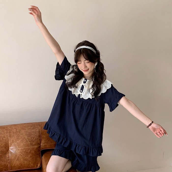 91家纺网 家纺一手货源 找家纺 （总）妍景家居生活馆 2025新款25655-蕾丝花边蝴蝶结圆领套装