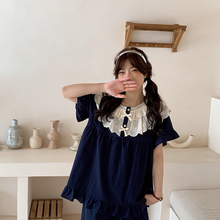 91家纺网 家纺一手货源 找家纺 （总）妍景家居生活馆 2025新款25655-蕾丝花边蝴蝶结圆领套装