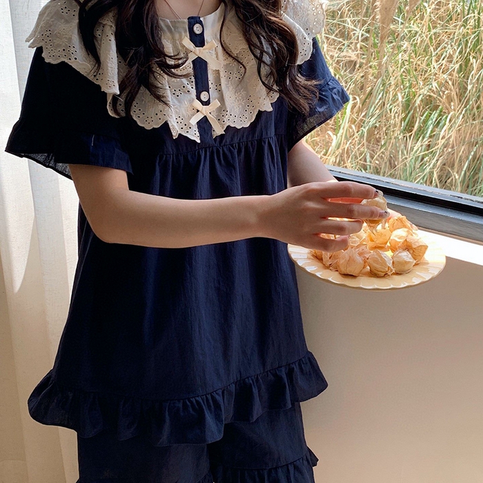 91家纺网 家纺一手货源 找家纺 （总）妍景家居生活馆 2025新款25655-蕾丝花边蝴蝶结圆领套装