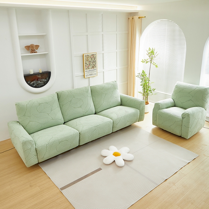 91家纺网 家纺一手货源 找家纺 丝绮鹿 2025新款雕花绒大叶子芝华士沙发套 薄荷绿