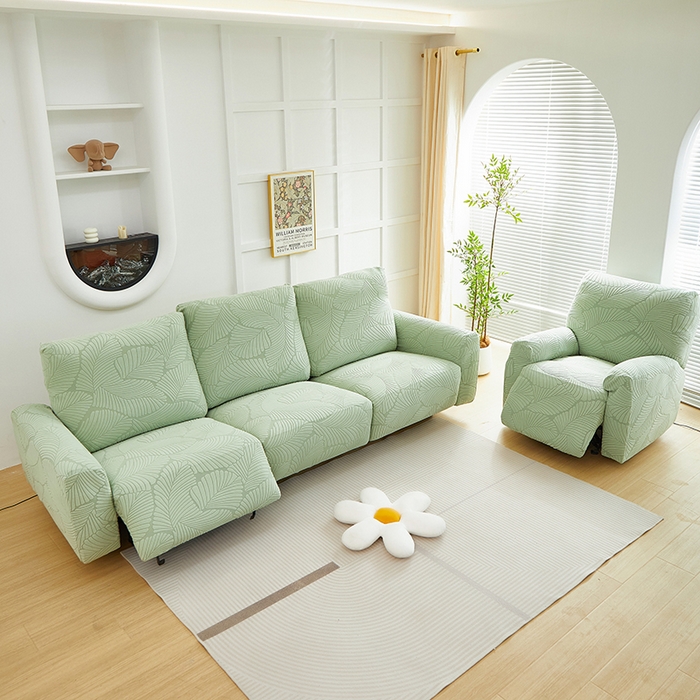 91家纺网 家纺一手货源 找家纺 丝绮鹿 2025新款雕花绒大叶子芝华士沙发套 薄荷绿