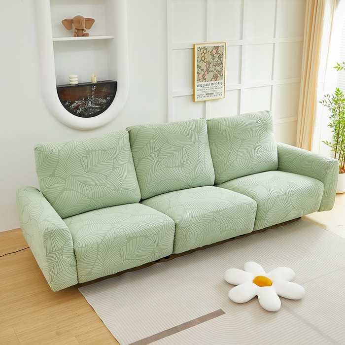 91家纺网 家纺一手货源 找家纺 丝绮鹿 2025新款雕花绒大叶子芝华士沙发套 薄荷绿