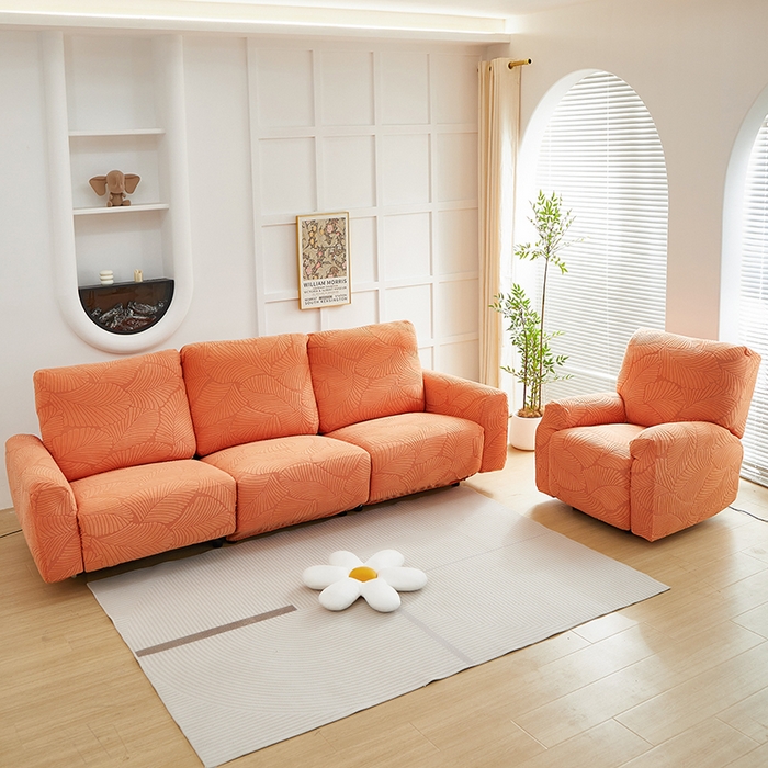 91家纺网 家纺一手货源 找家纺 丝绮鹿 2025新款雕花绒大叶子芝华士沙发套 橙色