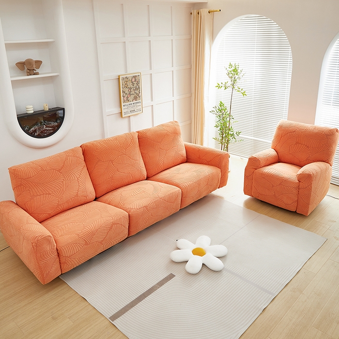 91家纺网 家纺一手货源 找家纺 丝绮鹿 2025新款雕花绒大叶子芝华士沙发套 橙色