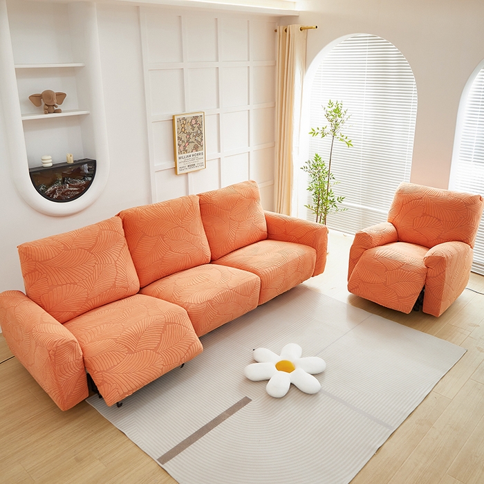 91家纺网 家纺一手货源 找家纺 丝绮鹿 2025新款雕花绒大叶子芝华士沙发套 橙色