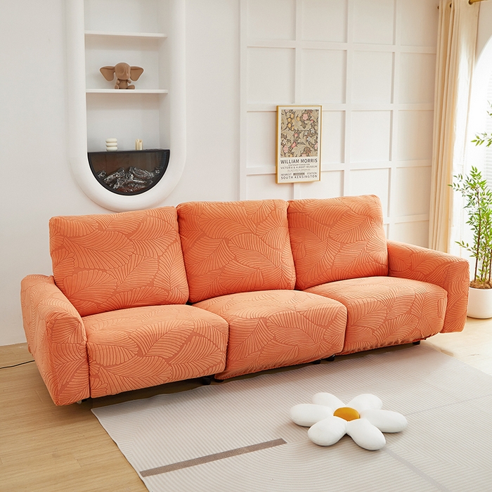 91家纺网 家纺一手货源 找家纺 丝绮鹿 2025新款雕花绒大叶子芝华士沙发套 橙色