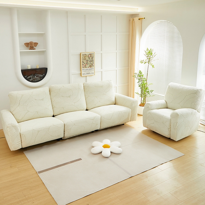 91家纺网 家纺一手货源 找家纺 丝绮鹿 2025新款雕花绒大叶子芝华士沙发套 米白