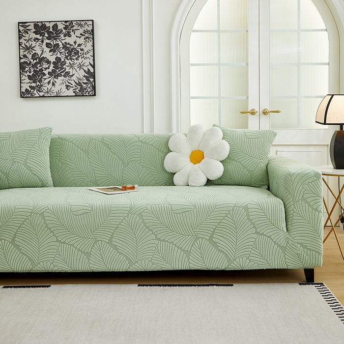 91家纺网 家纺一手货源 找家纺 （总）丝绮鹿 2025新款雕花绒大叶子沙发套松紧款（三人图）