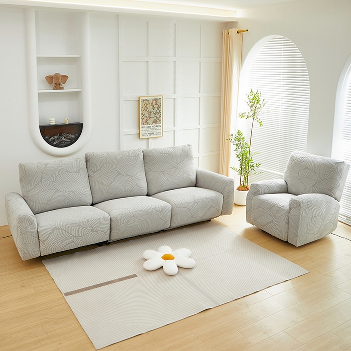 91家纺网 家纺一手货源 找家纺 丝绮鹿 2025新款雕花绒大叶子芝华士沙发套 浅灰