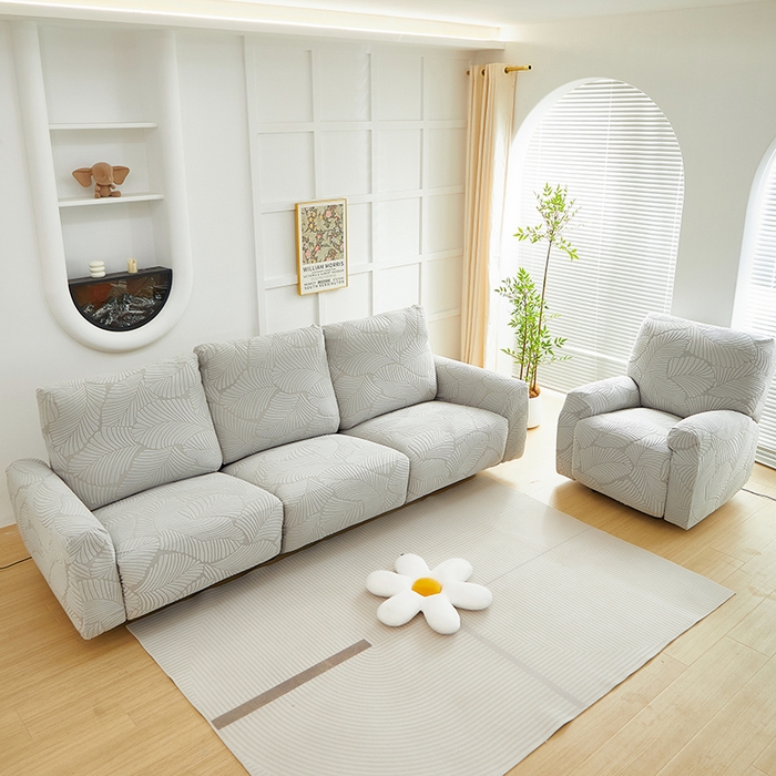 91家纺网 家纺一手货源 找家纺 丝绮鹿 2025新款雕花绒大叶子芝华士沙发套 浅灰