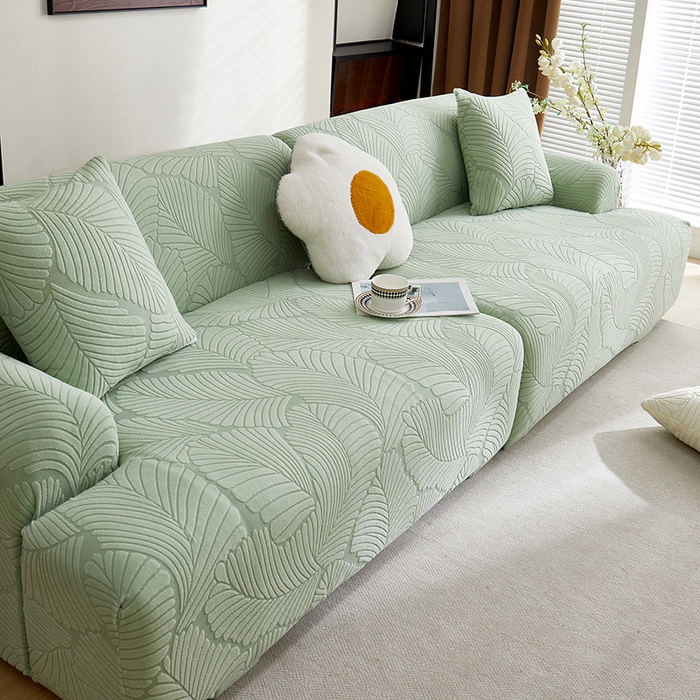 91家纺网 家纺一手货源 找家纺 丝绮鹿 2025新款雕花绒大叶子沙发套松紧款（直排） 薄荷绿