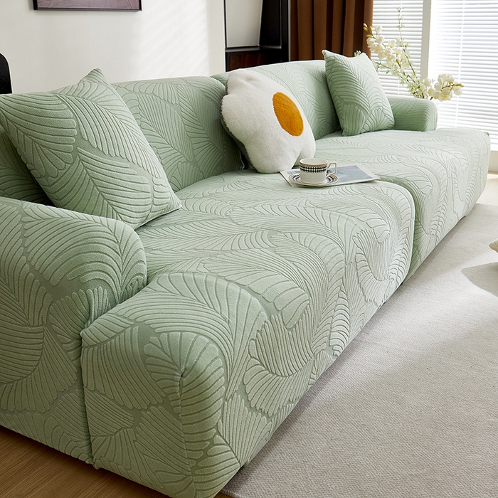 91家纺网 家纺一手货源 找家纺 丝绮鹿 2025新款雕花绒大叶子沙发套松紧款（直排） 薄荷绿