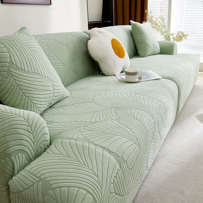 91家纺网 家纺一手货源 找家纺 丝绮鹿 2025新款雕花绒大叶子沙发套松紧款（直排） 薄荷绿