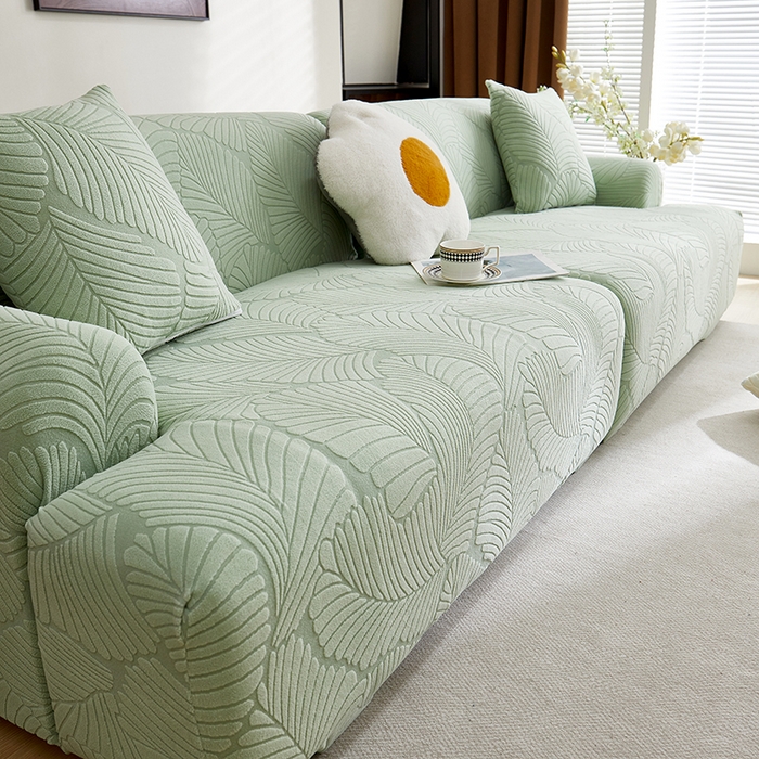 91家纺网 家纺一手货源 找家纺 丝绮鹿 2025新款雕花绒大叶子沙发套松紧款（直排） 薄荷绿