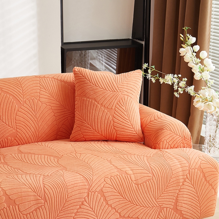 91家纺网 家纺一手货源 找家纺 丝绮鹿 2025新款雕花绒大叶子沙发套松紧款（直排） 橙色
