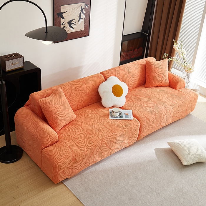 91家纺网 家纺一手货源 找家纺 丝绮鹿 2025新款雕花绒大叶子沙发套松紧款（直排） 橙色