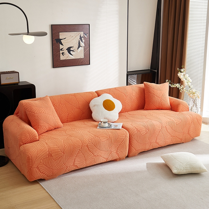91家纺网 家纺一手货源 找家纺 丝绮鹿 2025新款雕花绒大叶子沙发套松紧款（直排） 橙色