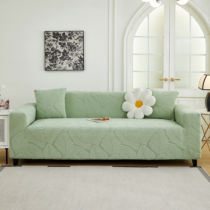 丝绮鹿 2025新款雕花绒大叶子沙发套松紧款（三人图） 薄荷绿