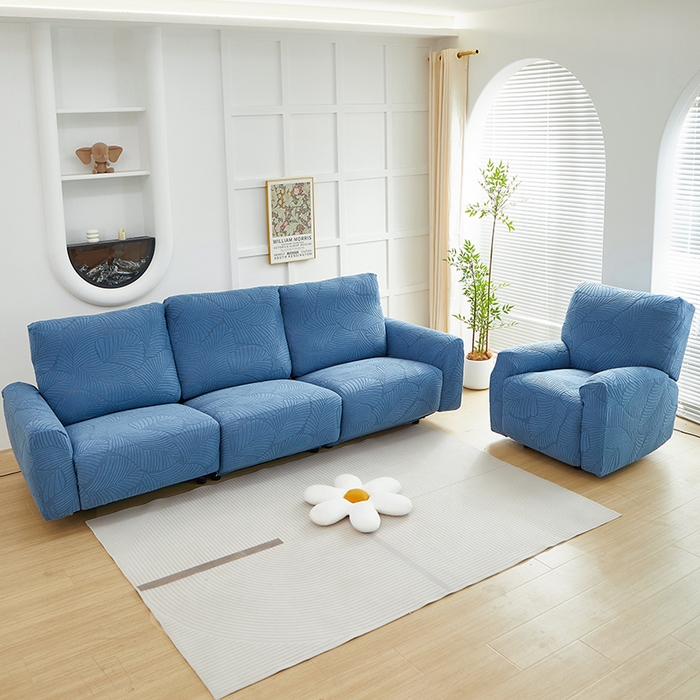 91家纺网 家纺一手货源 找家纺 丝绮鹿 2025新款雕花绒大叶子芝华士沙发套 水蓝