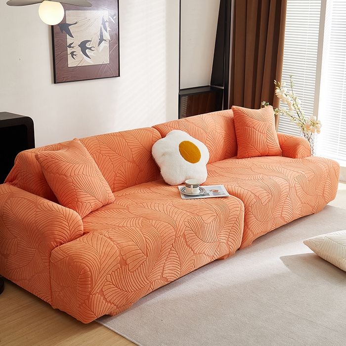 91家纺网 家纺一手货源 找家纺 丝绮鹿 2025新款雕花绒大叶子沙发套松紧款（直排） 橙色