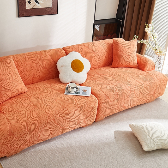 91家纺网 家纺一手货源 找家纺 丝绮鹿 2025新款雕花绒大叶子沙发套松紧款（直排） 橙色