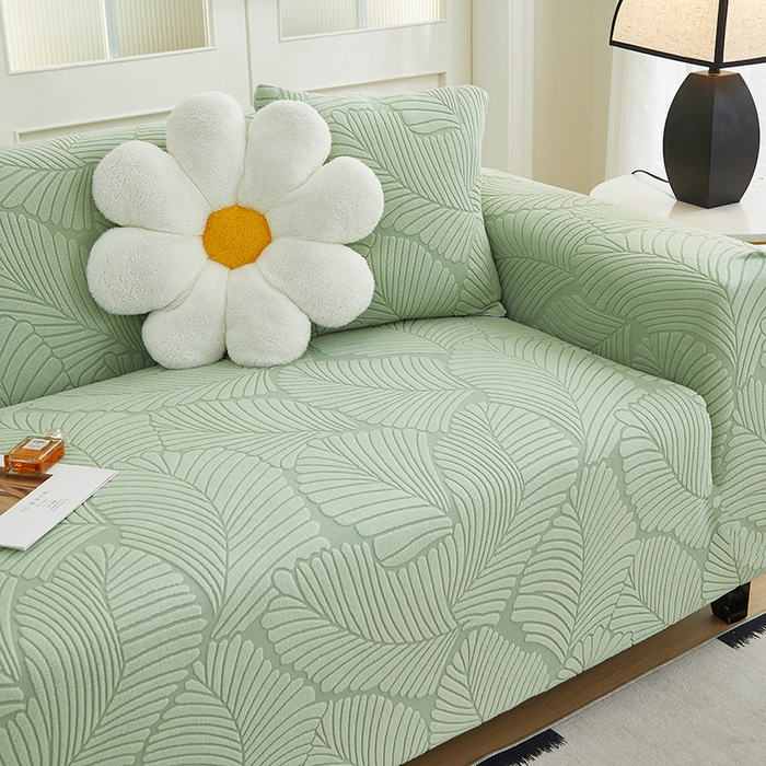 91家纺网 家纺一手货源 找家纺 丝绮鹿 2025新款雕花绒大叶子沙发套松紧款（三人图） 薄荷绿