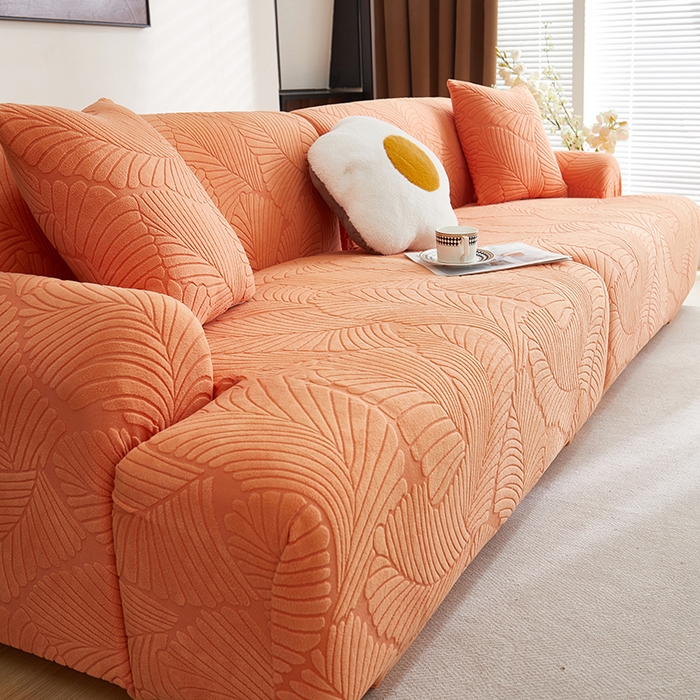 91家纺网 家纺一手货源 找家纺 丝绮鹿 2025新款雕花绒大叶子沙发套松紧款（直排） 橙色