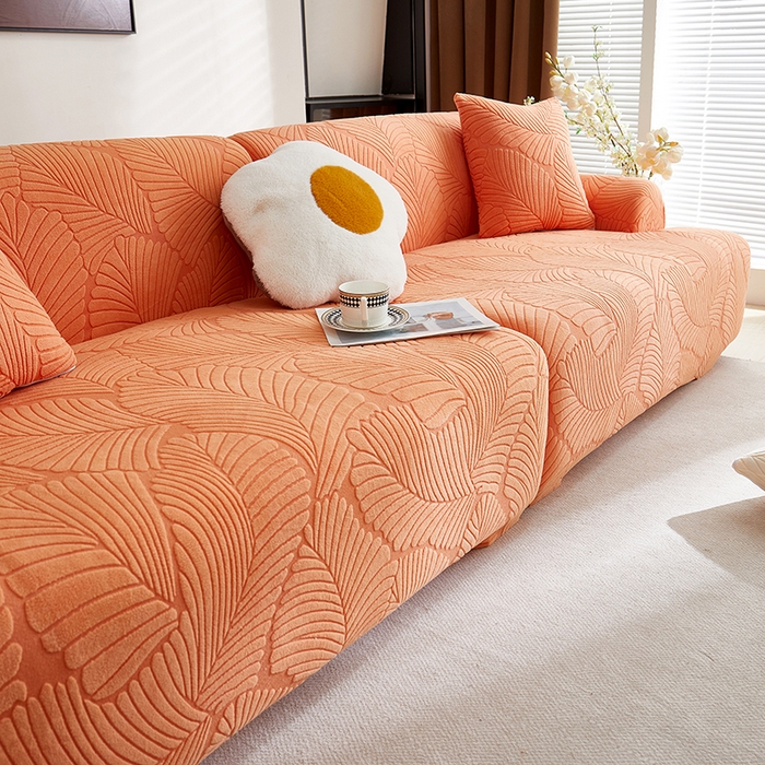 91家纺网 家纺一手货源 找家纺 丝绮鹿 2025新款雕花绒大叶子沙发套松紧款（直排） 橙色