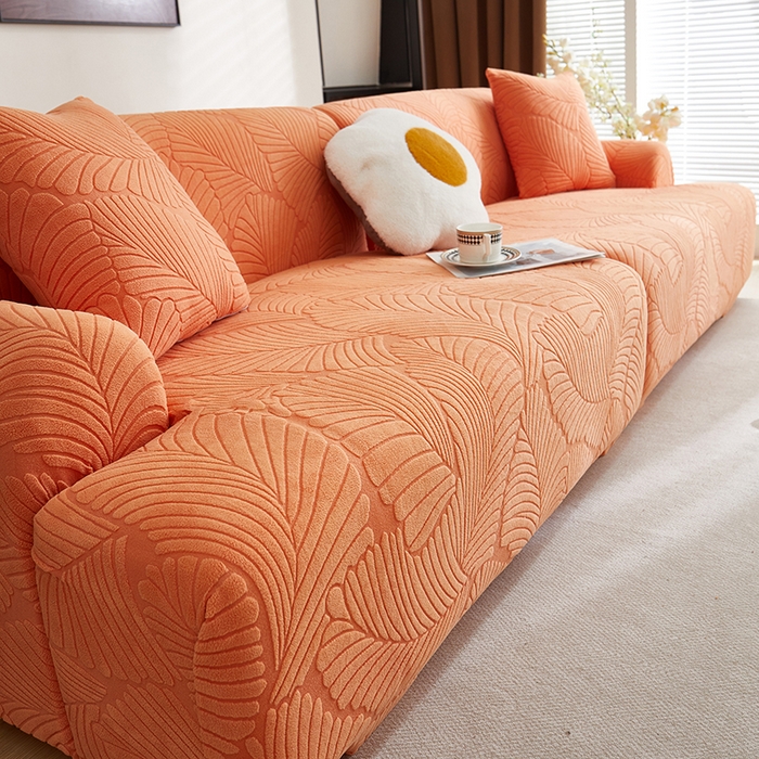 91家纺网 家纺一手货源 找家纺 丝绮鹿 2025新款雕花绒大叶子沙发套松紧款（直排） 橙色