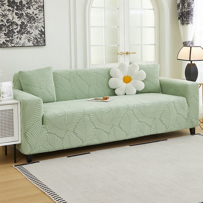 91家纺网 家纺一手货源 找家纺 丝绮鹿 2025新款雕花绒大叶子沙发套松紧款（三人图） 薄荷绿