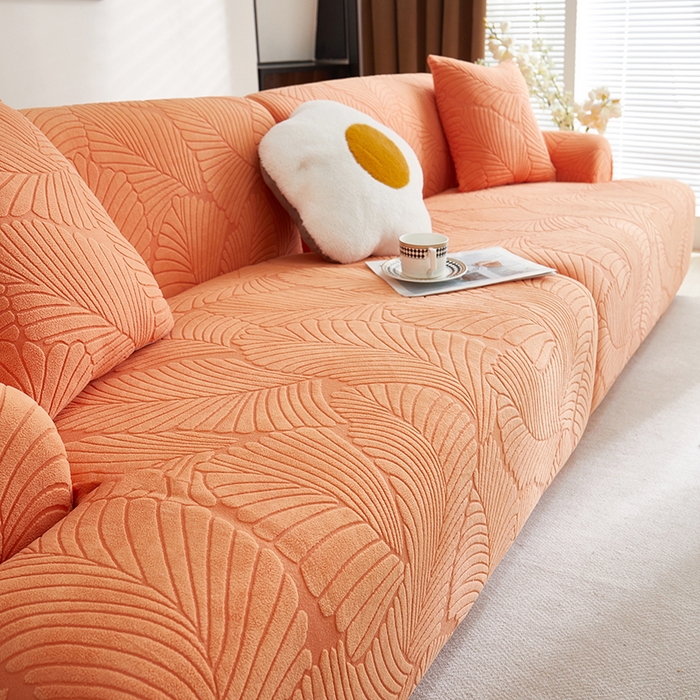 91家纺网 家纺一手货源 找家纺 丝绮鹿 2025新款雕花绒大叶子沙发套松紧款（直排） 橙色