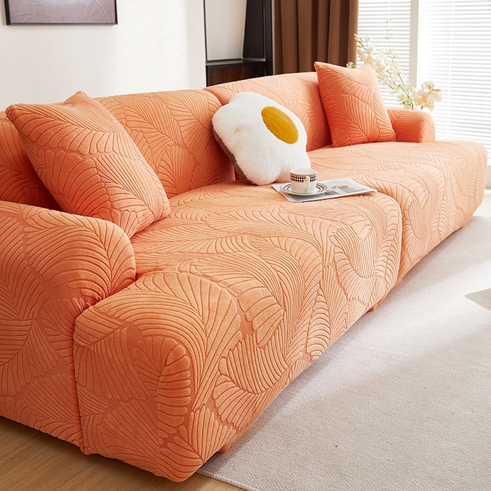 91家纺网 家纺一手货源 找家纺 丝绮鹿 2025新款雕花绒大叶子沙发套松紧款（直排） 橙色