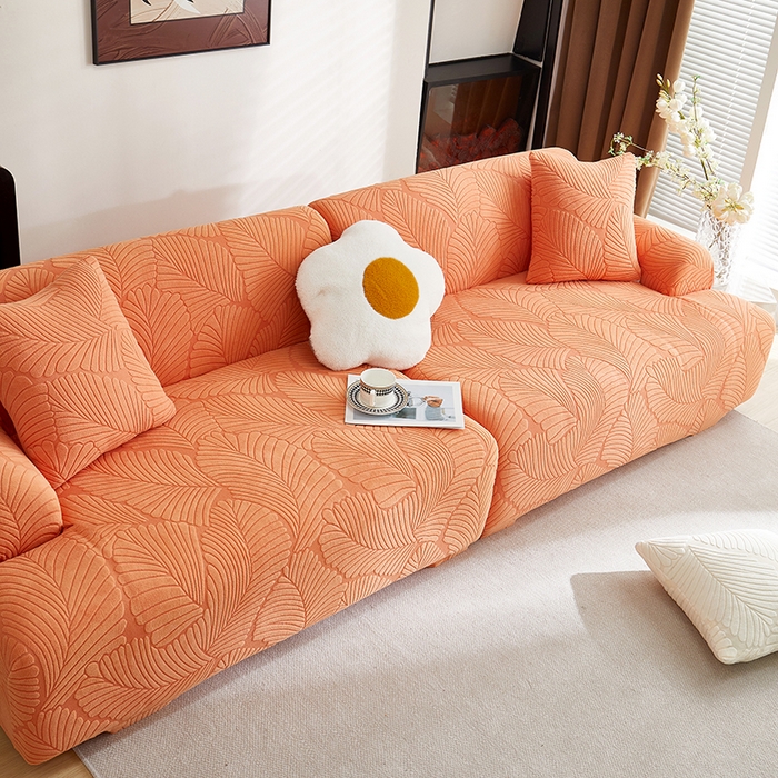 91家纺网 家纺一手货源 找家纺 丝绮鹿 2025新款雕花绒大叶子沙发套松紧款（直排） 橙色