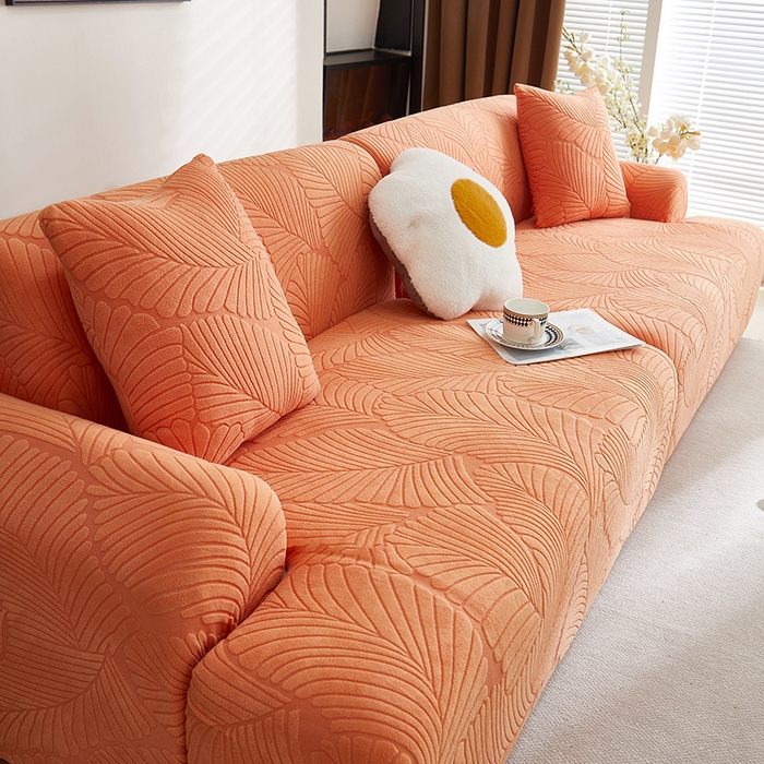 91家纺网 家纺一手货源 找家纺 丝绮鹿 2025新款雕花绒大叶子沙发套松紧款（直排） 橙色