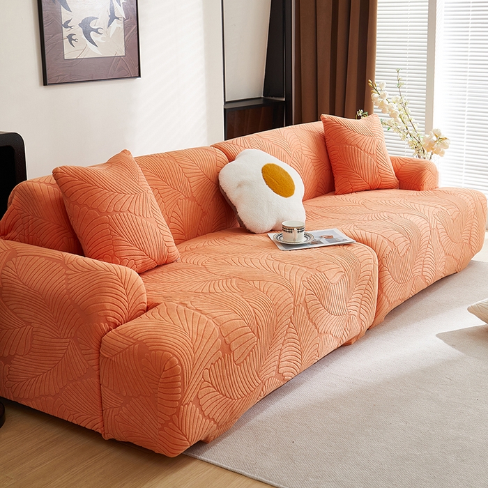 91家纺网 家纺一手货源 找家纺 丝绮鹿 2025新款雕花绒大叶子沙发套松紧款（直排） 橙色