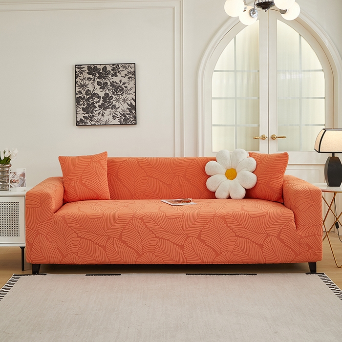 丝绮鹿 2025新款雕花绒大叶子沙发套松紧款（三人图） 橙色