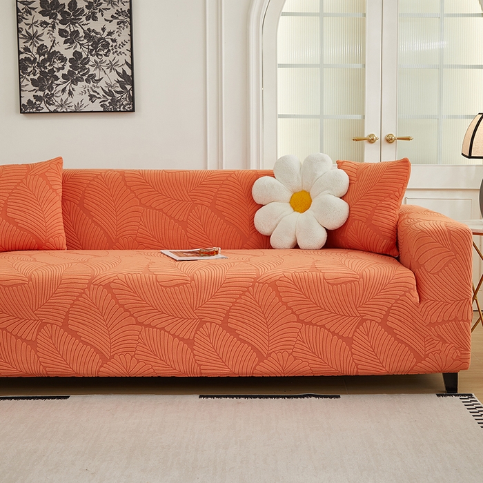 91家纺网 家纺一手货源 找家纺 丝绮鹿 2025新款雕花绒大叶子沙发套松紧款（三人图） 橙色