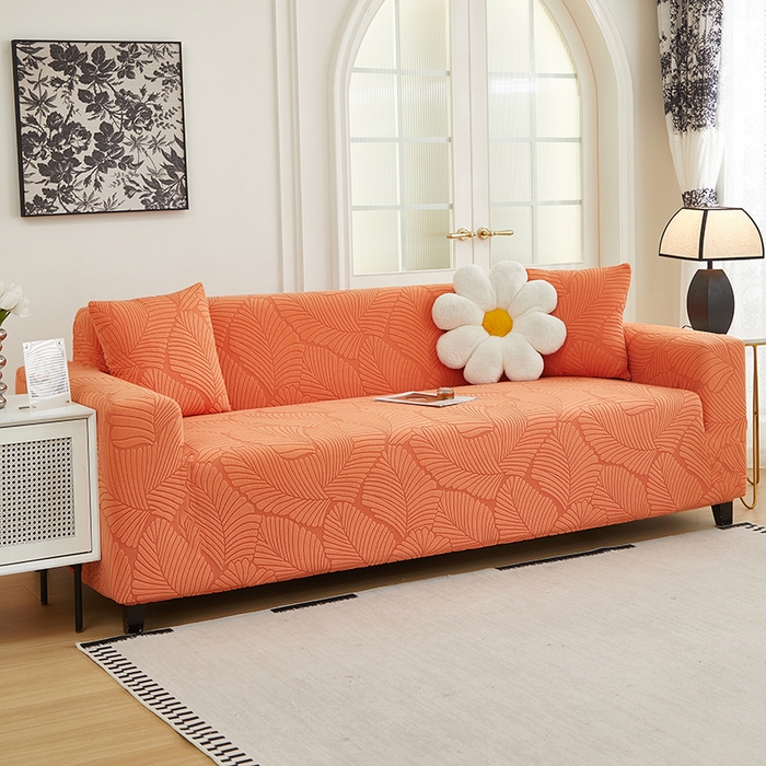 91家纺网 家纺一手货源 找家纺 丝绮鹿 2025新款雕花绒大叶子沙发套松紧款（三人图） 橙色