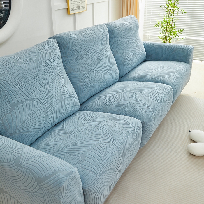 91家纺网 家纺一手货源 找家纺 丝绮鹿 2025新款雕花绒大叶子芝华士沙发套 雾霾蓝
