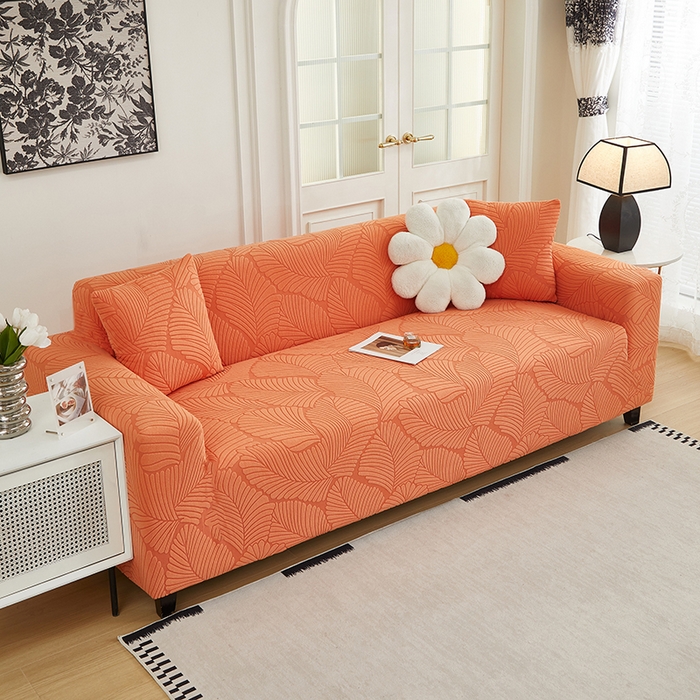 91家纺网 家纺一手货源 找家纺 丝绮鹿 2025新款雕花绒大叶子沙发套松紧款（三人图） 橙色