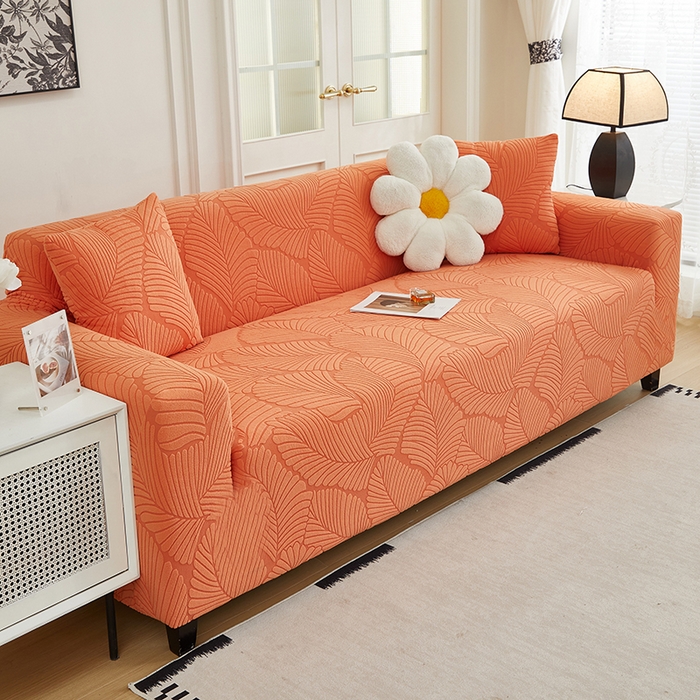 91家纺网 家纺一手货源 找家纺 丝绮鹿 2025新款雕花绒大叶子沙发套松紧款（三人图） 橙色