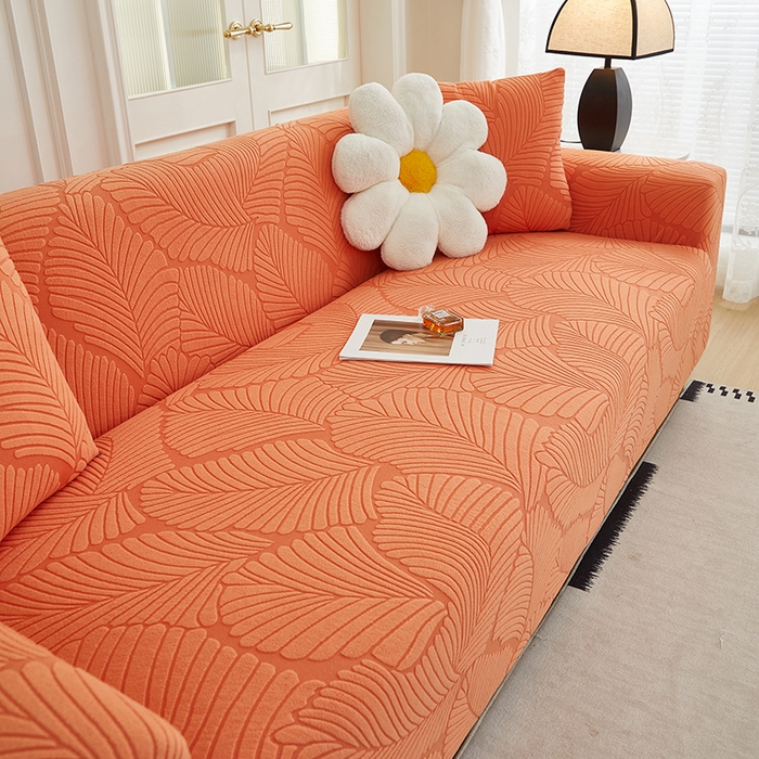 91家纺网 家纺一手货源 找家纺 丝绮鹿 2025新款雕花绒大叶子沙发套松紧款（三人图） 橙色