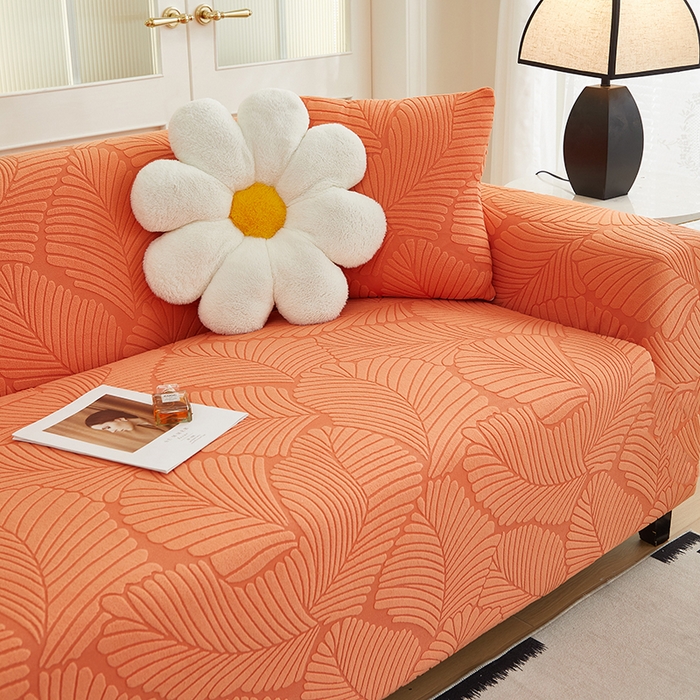 91家纺网 家纺一手货源 找家纺 丝绮鹿 2025新款雕花绒大叶子沙发套松紧款（三人图） 橙色