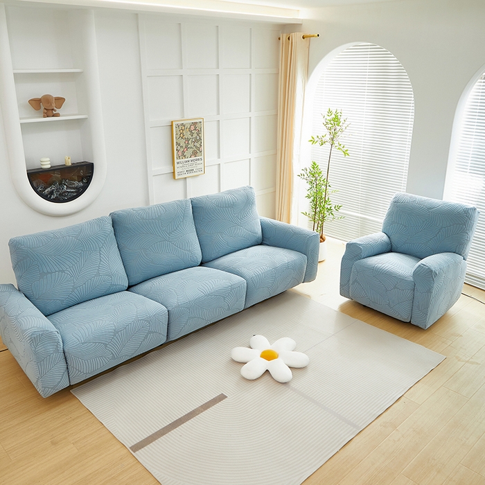 91家纺网 家纺一手货源 找家纺 丝绮鹿 2025新款雕花绒大叶子芝华士沙发套 雾霾蓝