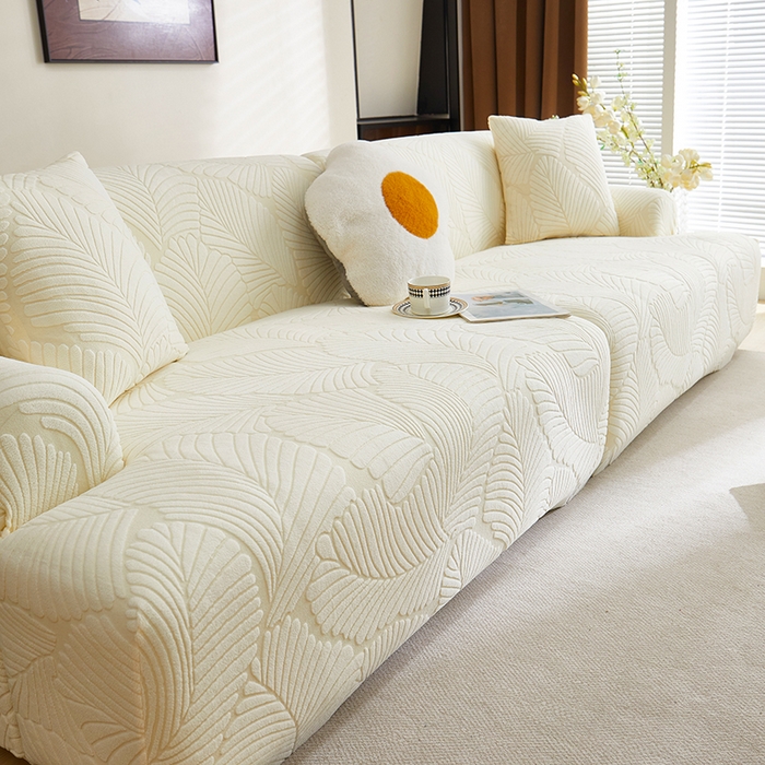 91家纺网 家纺一手货源 找家纺 丝绮鹿 2025新款雕花绒大叶子沙发套松紧款（直排） 米白
