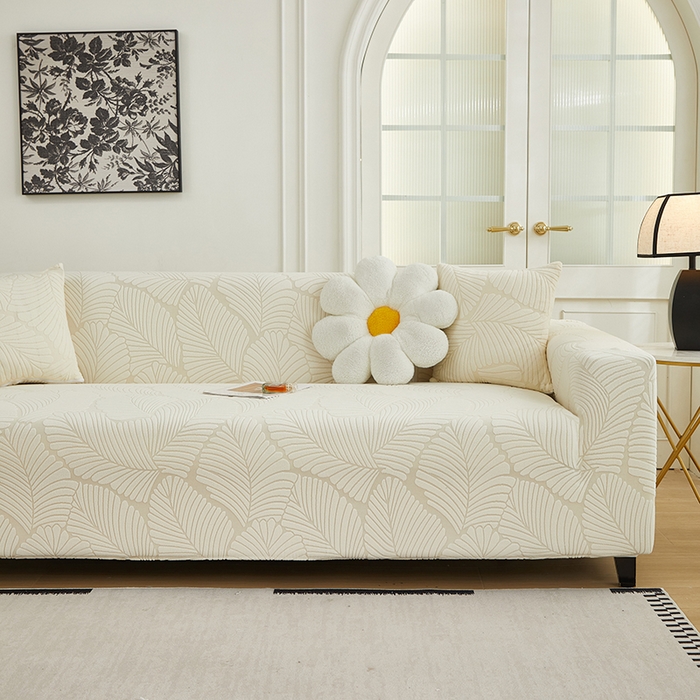 91家纺网 家纺一手货源 找家纺 丝绮鹿 2025新款雕花绒大叶子沙发套松紧款（三人图） 米白