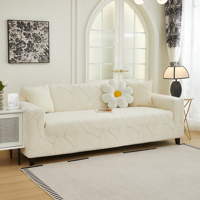 91家纺网 家纺一手货源 找家纺 丝绮鹿 2025新款雕花绒大叶子沙发套松紧款（三人图） 米白