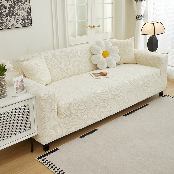 91家纺网 家纺一手货源 找家纺 丝绮鹿 2025新款雕花绒大叶子沙发套松紧款（三人图） 米白