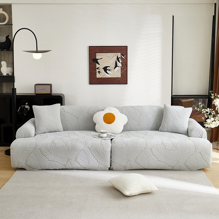 丝绮鹿 2025新款雕花绒大叶子沙发套松紧款（直排） 浅灰